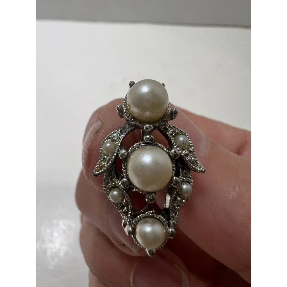 Vintage Faux Pearl Elegant Clip On Earrings Silver MCM Detailed Metalwork 1960s